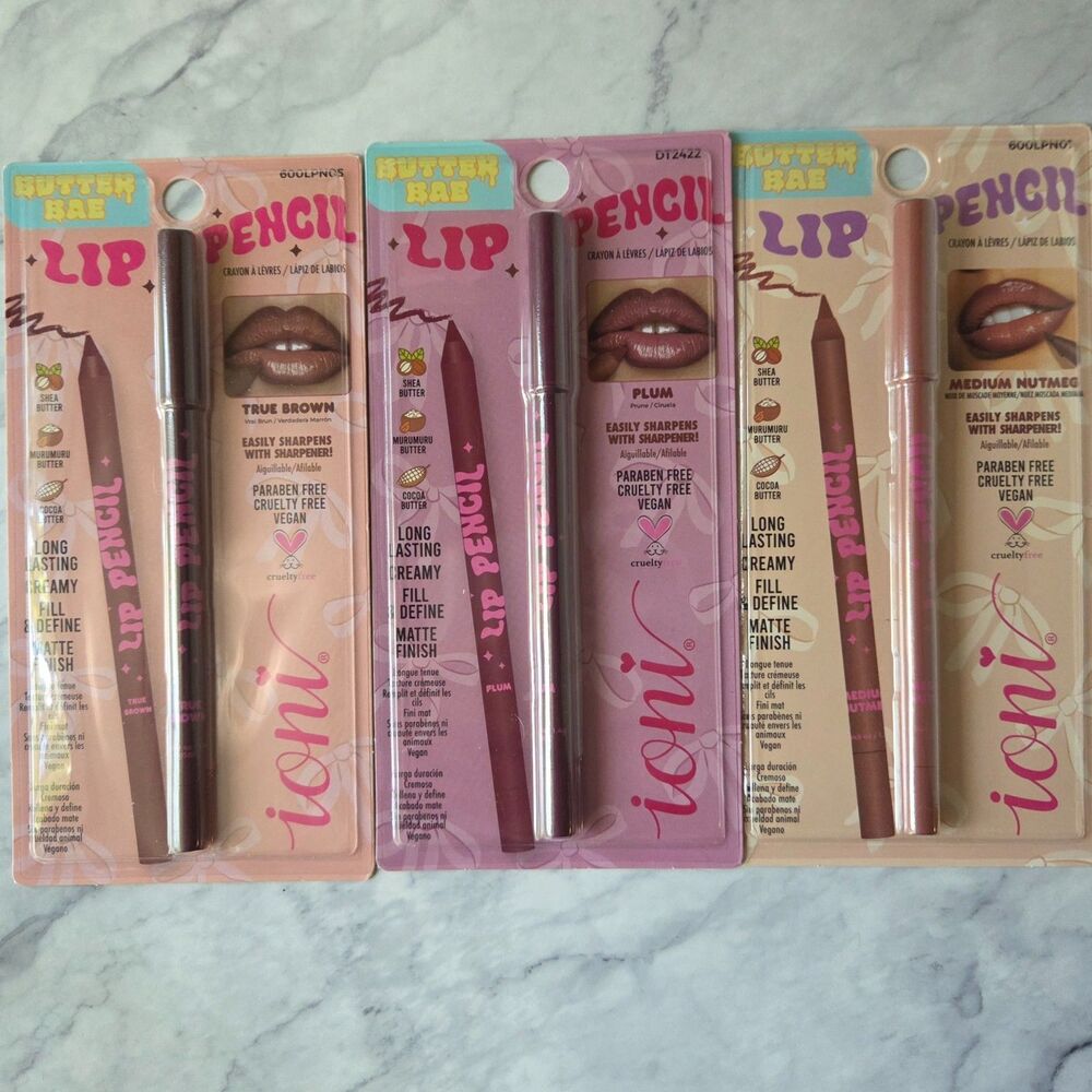 Set of 3 IONI Butter Bae Lip Pencils in True Brown, Plum, and Medium Nutmeg.